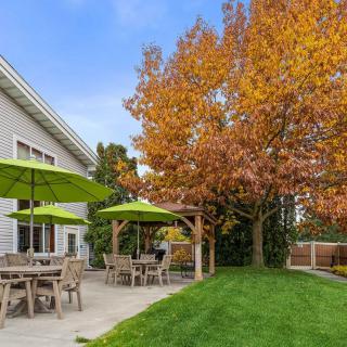 A cozy backyard patio with green umbrellas and outdoor furniture, surrounded by autumn trees.