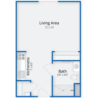 Studio apartment floor plan featuring a living area, kitchenette, and bath.