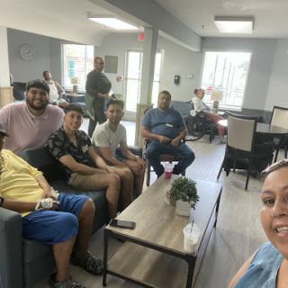 A fun gathering with friends in a cozy lounge area.