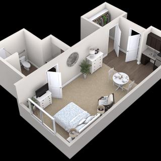 A 3D floor plan of a one-bedroom apartment featuring a cozy layout with a separate bathroom, living area, and kitchenette.