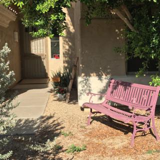 A serene outdoor space featuring a purple bench surrounded by lush greenery.