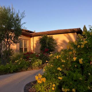 A serene view of a house surrounded by vibrant flowers and greenery during sunset.
