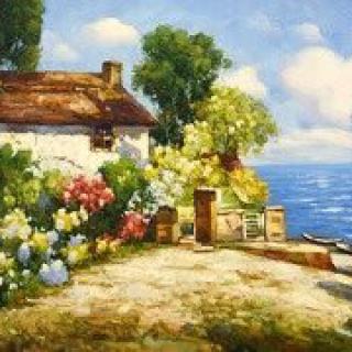 A charming seaside cottage surrounded by a colorful garden in bloom, overlooking the ocean.