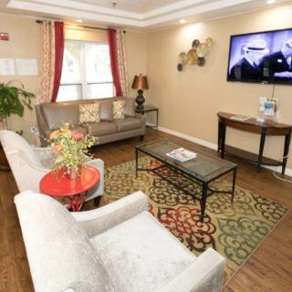 A cozy living room with stylish furniture and decor, featuring a sofa, chairs, and a wall-mounted television.