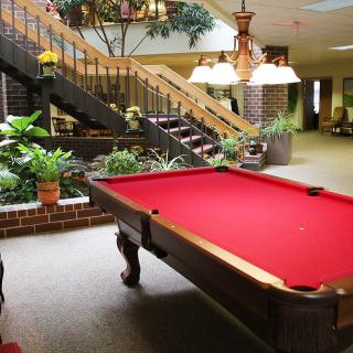 A cozy indoor lounge area featuring a red-felt pool table, surrounded by greenery and ambient lighting.