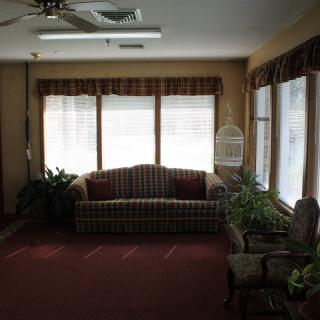 A cozy living room with a sofa, plants, and large windows with curtains.