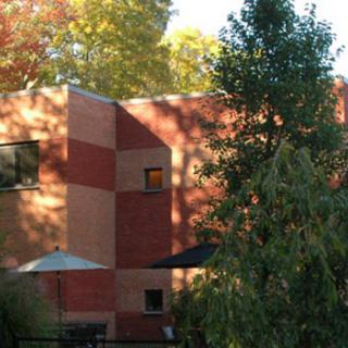 A brick building surrounded by trees with patio umbrellas in a sunlit outdoor setting.