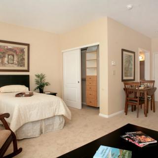 A cozy bedroom with a bed, dining table, and closet in an apartment.