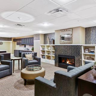 A modern living room with a cozy fireplace and library shelves.