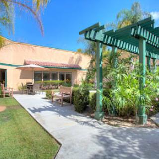 A sunny patio with a pergola and lush greenery.