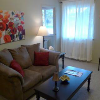 A cozy living room with a comfortable sofa, coffee table, and warm lighting.