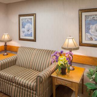 A cozy living room setup featuring a striped sofa, decorative lamps, and floral artwork.