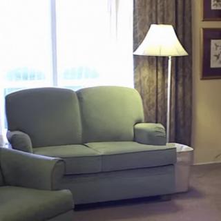 A cozy living room with green sofas and a standing lamp by the window.