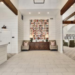 A stylish lobby with modern decor and comfortable seating.