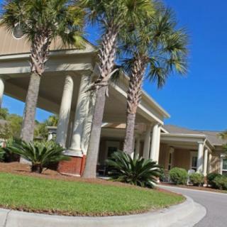 A building with palm trees and a landscaped driveway under a clear blue sky.