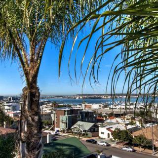 A scenic view of a city with palm trees and the ocean in the background.