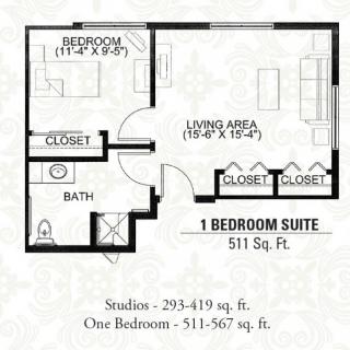 A floor plan for a 1-bedroom suite measuring 511 square feet, featuring a living area, bathroom, and multiple closets.