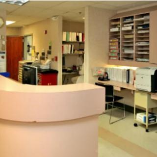 A reception area in a hospital or medical office setting.