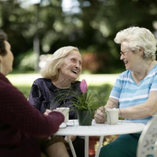 A group of seniors enjoying a lively conversation over tea in a garden setting.