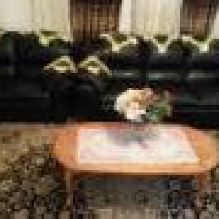 A cozy living room featuring a black sofa, a wooden coffee table with a floral centerpiece, and an elegant rug.