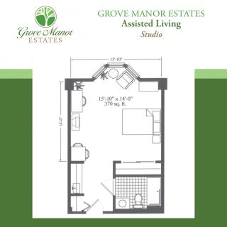 Floor plan for a studio apartment at Grove Manor Estates Assisted Living.