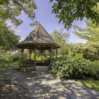 A serene garden scene featuring a wooden gazebo surrounded by lush greenery.