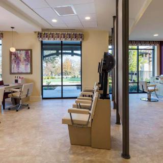 A modern salon interior with comfortable chairs and large windows allowing natural light to fill the space.