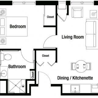 A floor plan of a one-bedroom apartment featuring a living room, dining/kitchenette area, bathroom, and closet.