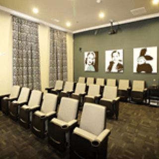 A cozy small theater room with comfortable seating and decorative wall art.