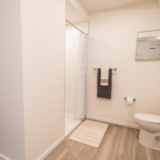 A minimalist and modern bathroom featuring a shower, toilet, and simple decor.