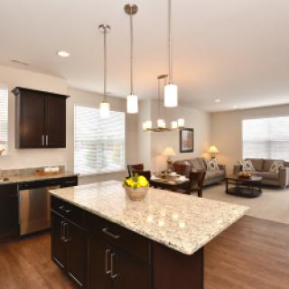 A stylish modern kitchen featuring granite countertops and pendant lighting, seamlessly connecting to the living area.