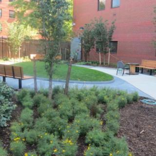 A landscaped garden area with benches and pathways surrounded by greenery.