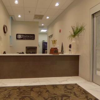 A modern office reception area with a desk and decorative elements.