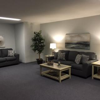 A cozy living room with two sofas, coffee tables, lamps, and an indoor plant.