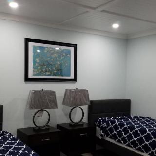 A modern bedroom features twin beds with geometric-patterned bedding, two bedside lamps, and a framed artwork on the wall.