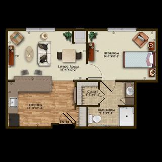 A one-bedroom apartment floor plan featuring a living room, kitchen, bathroom, and dining area.