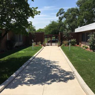 A serene pathway leading through a well-maintained residential area, framed by lush greenery.