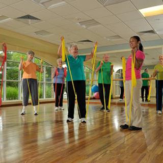 Seniors participating in a group fitness class using resistance bands to improve strength and flexibility.