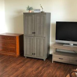 A cozy living room setup with a cabinet, television, and wooden flooring.