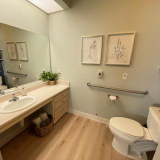 A modern bathroom featuring a large mirror, toilet with handrails, and a wooden floor.