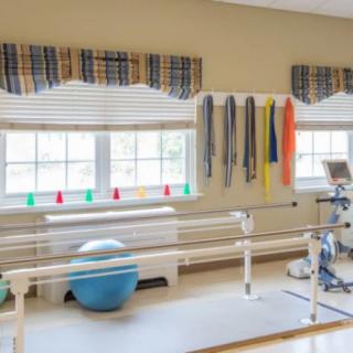 A well-equipped physical therapy room with parallel bars, resistance bands, and an exercise ball.