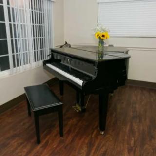 A grand piano with a bench and a vase of sunflowers on top, situated in a music room with hardwood floors.