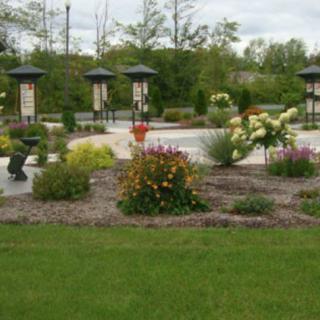 A beautifully landscaped garden featuring various flowers and decorative elements.