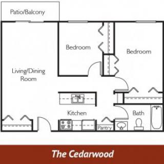 Floor plan of The Cedarwood, featuring two bedrooms and a patio/balcony.