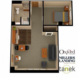 A floor plan of a studio apartment featuring a living area, kitchen, bedroom, and bathroom.
