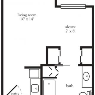 A floor plan of an apartment showing living room, balcony, and bathroom dimensions.