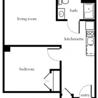 A floor plan of a one-bedroom apartment including a living room, kitchen, and bathroom.