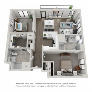 A 3D rendered floor plan showcasing a modern apartment layout with two bedrooms, a spacious living area, and an open kitchen.