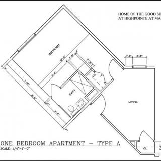 Blueprint of a one-bedroom apartment layout.