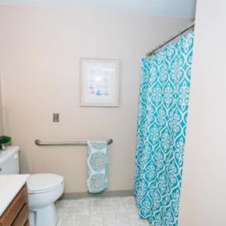 A clean and well-organized bathroom with a decorative shower curtain.